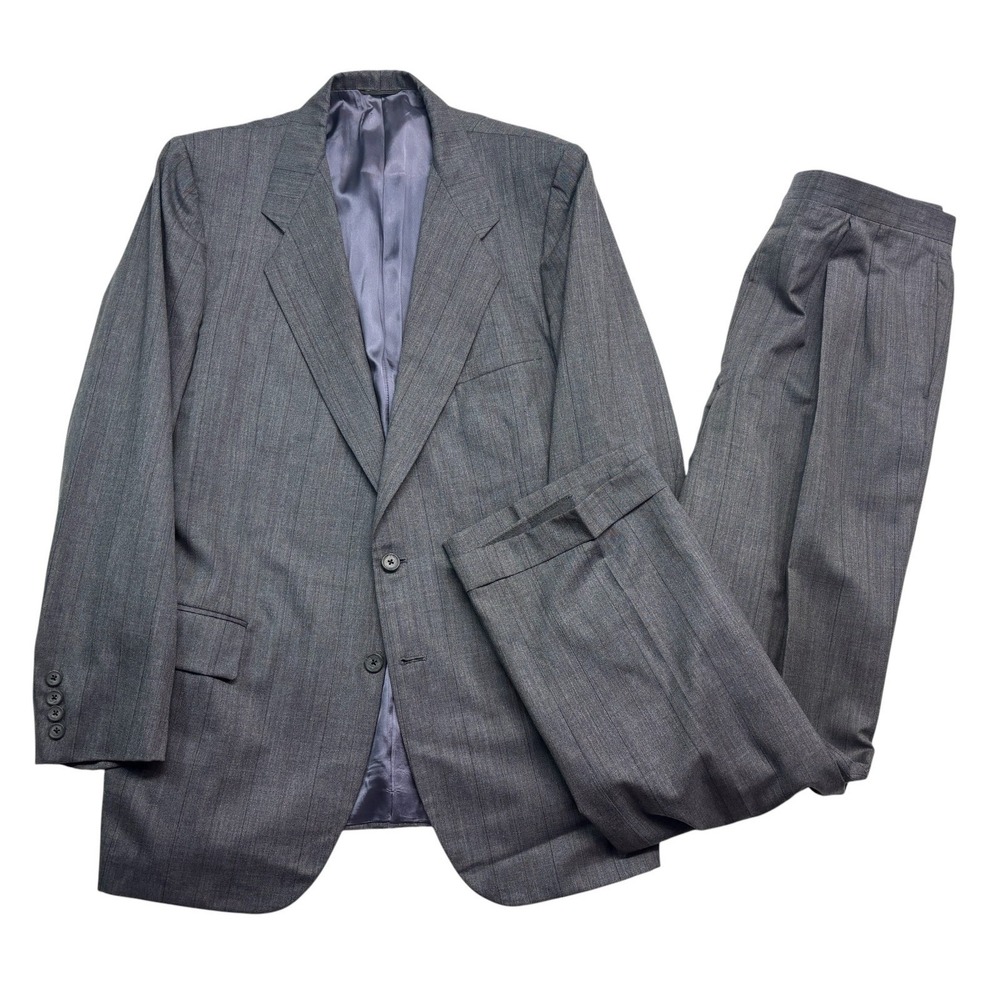 vtg 90s Tom James 46L 37x34 Gray Pinstripe 2pc Pant Suit Wool USA Pleated Cuffed